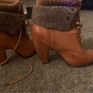BAMBOO Tan Heeled Ankle Boots with Knit Cuff